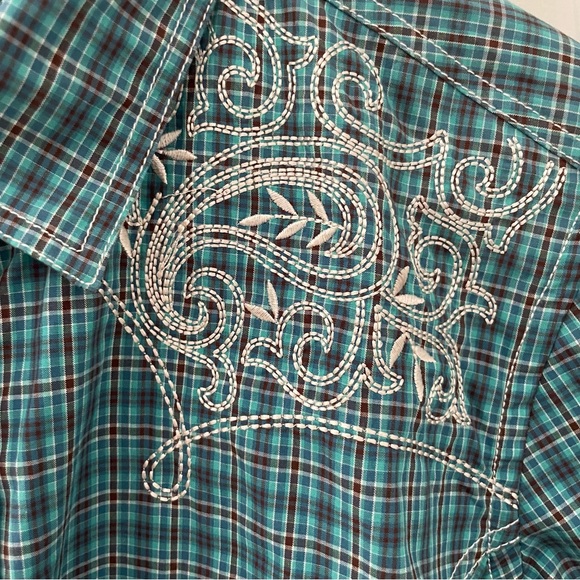 Panhandle Rough Stock turquoise and brown plaid long-sleeve western shirt, Med - Picture 3 of 9